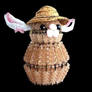 Beaded Safety Pin Art Kitsch Rabbit Bunny Folk Art Beads on Wires Handmade 7"